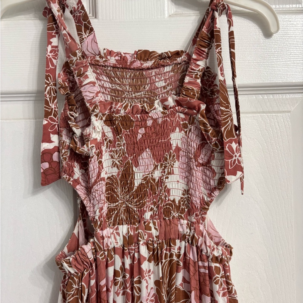 Japna Floral Smocked Waist Sleeveless Maxi Dress - Pink & Brown Size Small - Picture 4 of 7